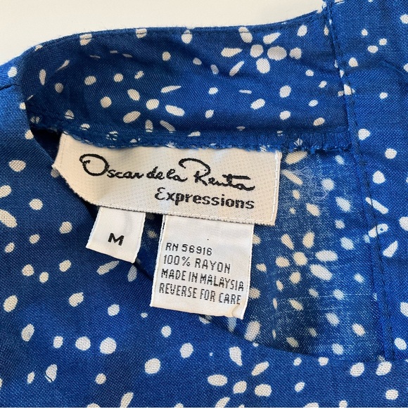 Vintage Oscar De La Renta Short Sleeve Top Blue White Print Size M - Picture 5 of 9